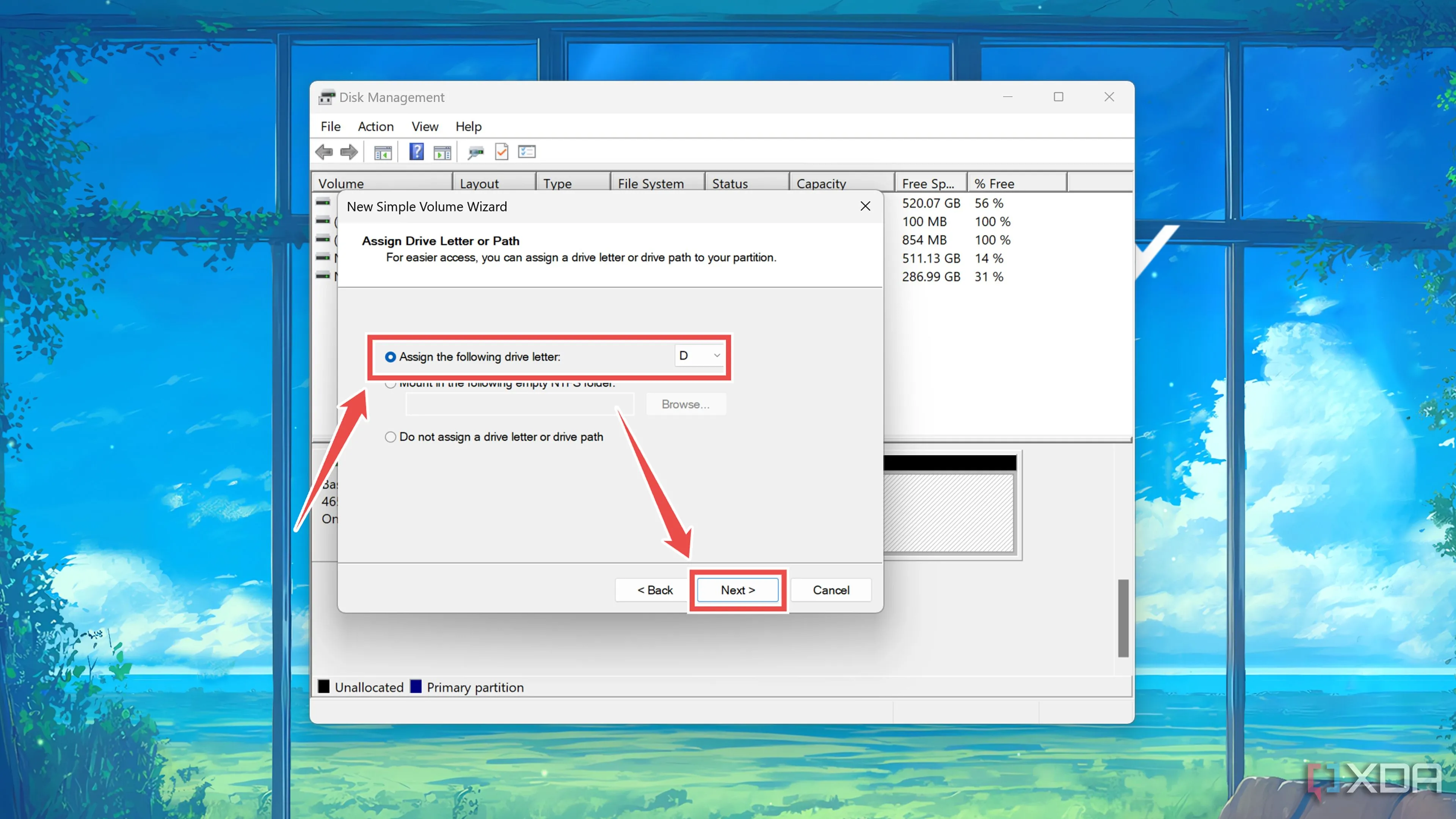 Gán ký tự ổ đĩa cho phân vùng mới được tạo trong tiện ích Quản lý đĩa của Windows.