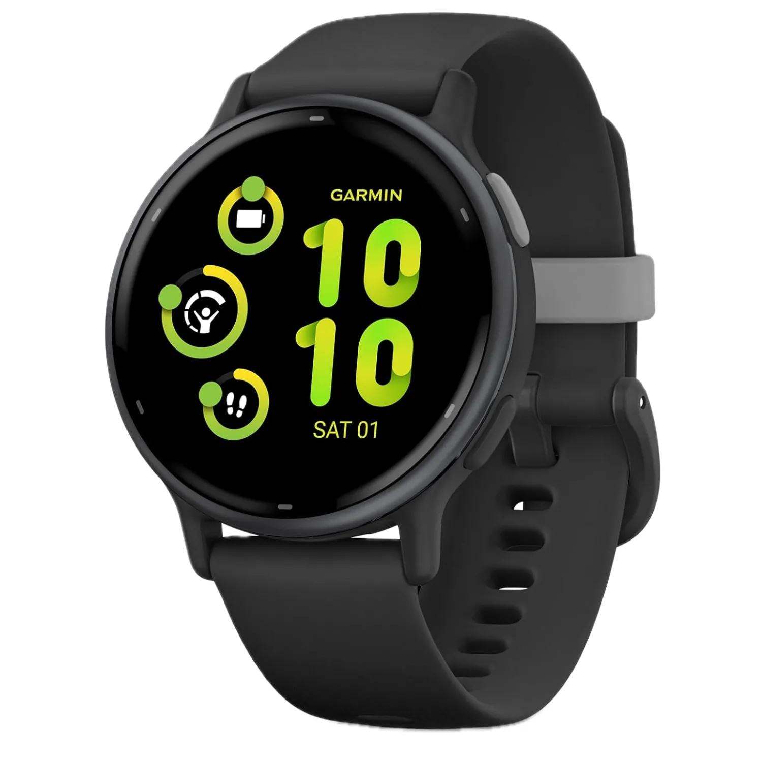 Garmin Vivoactive 5 màu đen hiển thị màn hình chính với thời gian và ngày tháng