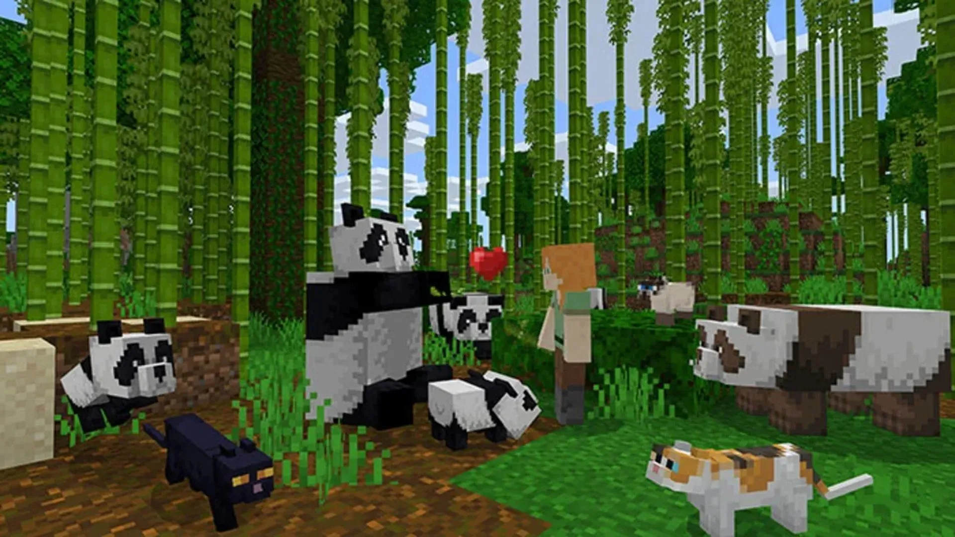 Gia đình gấu trúc và nhân vật người chơi trong thế giới khối vuông của Minecraft trên Nintendo Switch 2