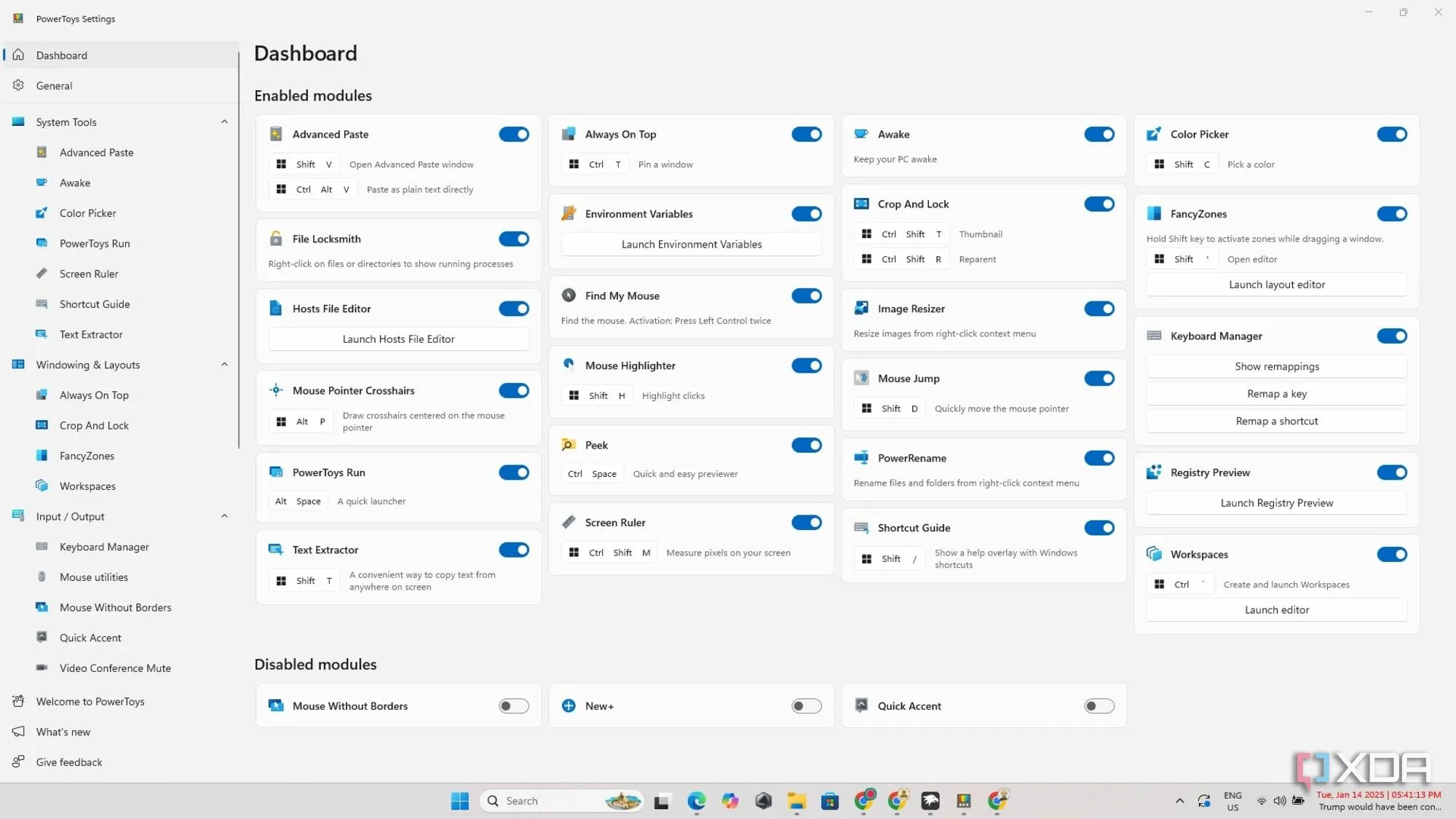 Giao diện bảng điều khiển chính của PowerToys sau cập nhật