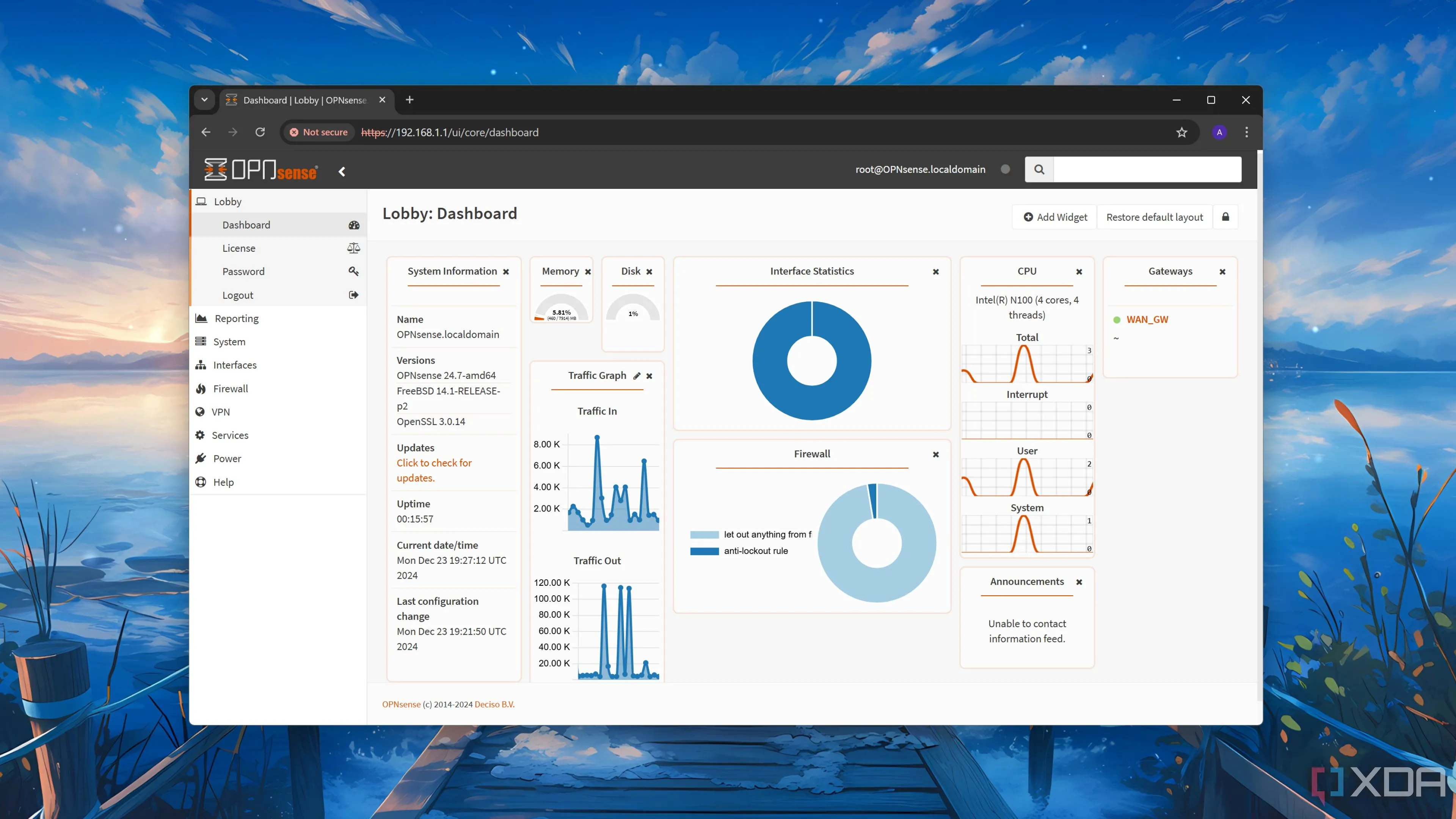 Giao diện bảng điều khiển (dashboard) chính của OPNsense, hiển thị các thông tin tổng quan về tình trạng mạng, lưu lượng truy cập và các cảnh báo bảo mật.