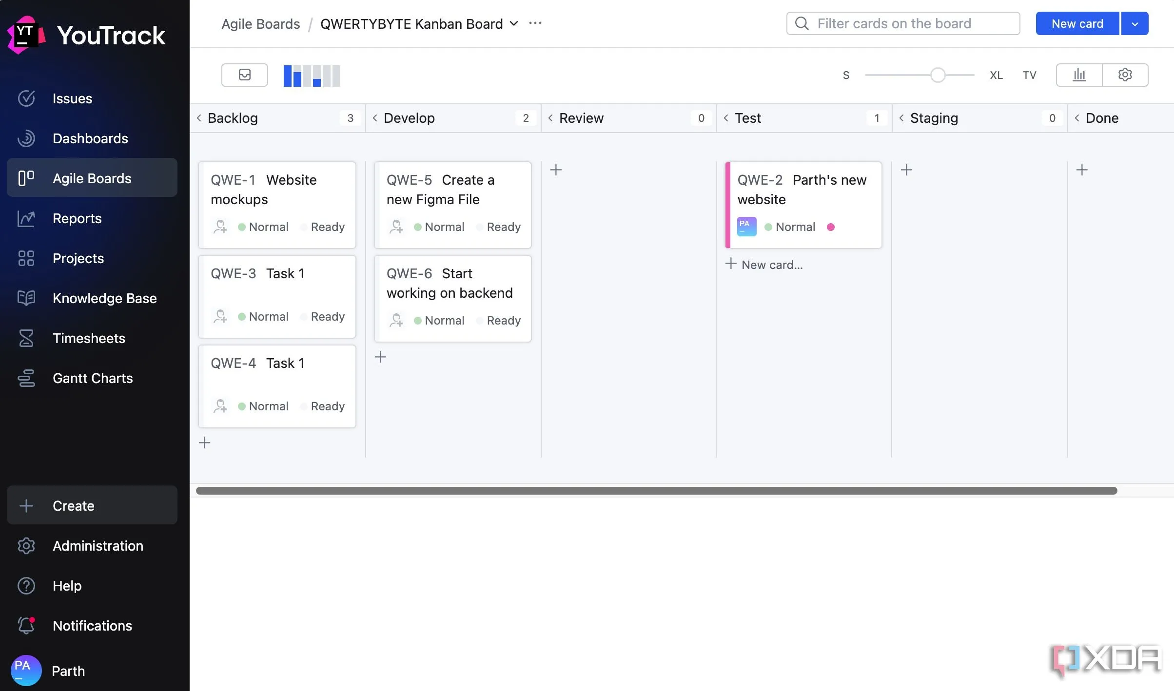 Giao diện bảng Kanban trong YouTrack với các cột Backlog, Develop, Review và các thẻ tác vụ.
