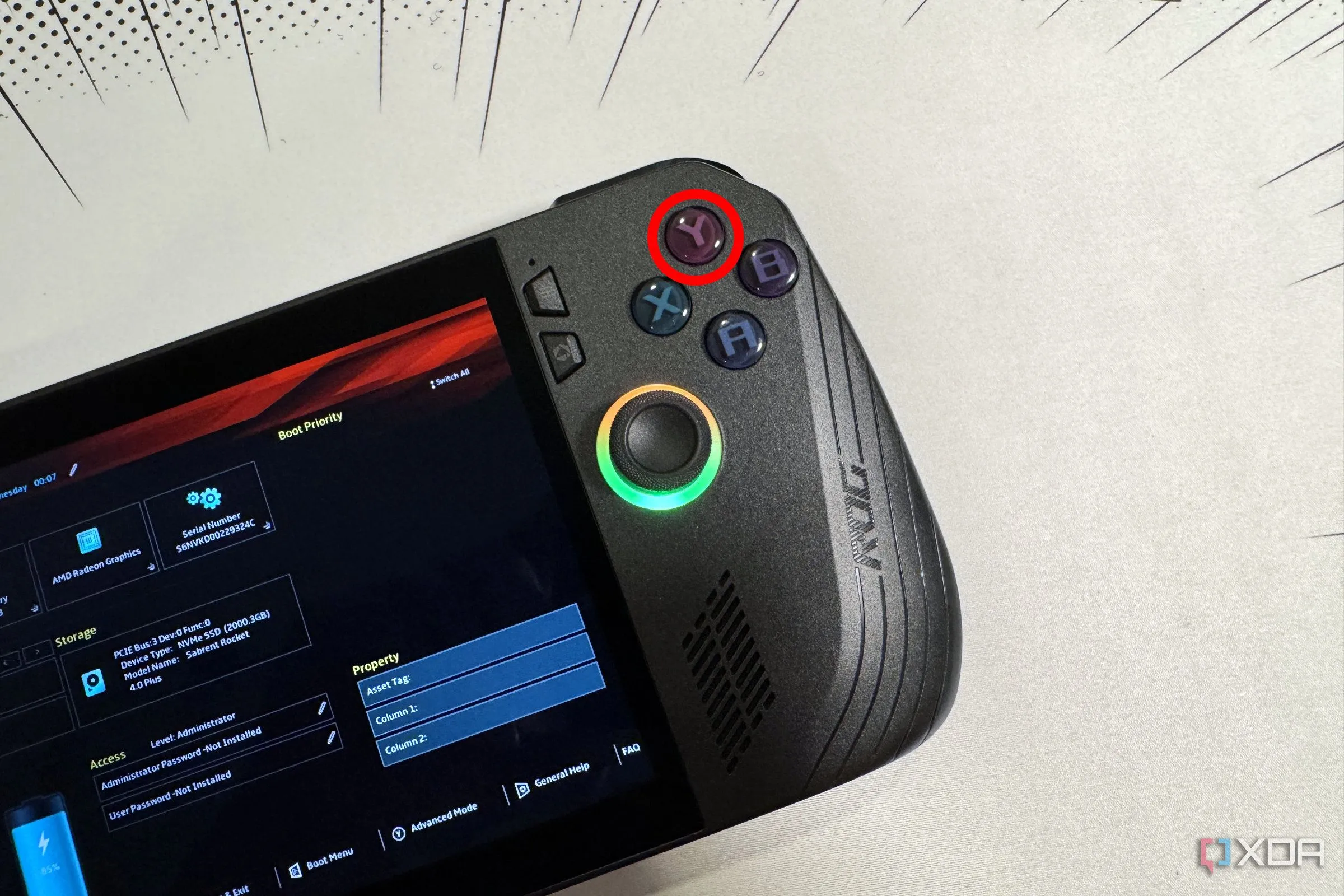 Giao diện BIOS của ROG Ally X với nút Y được làm nổi bật, thể hiện các tùy chọn cấu hình BIOS