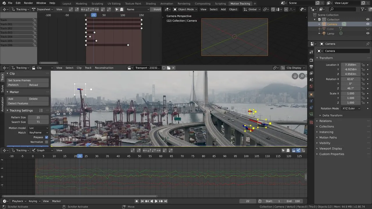 Giao diện Blender đang thực hiện theo dõi đối tượng (object tracking) trong một video, thể hiện khả năng đa nền tảng