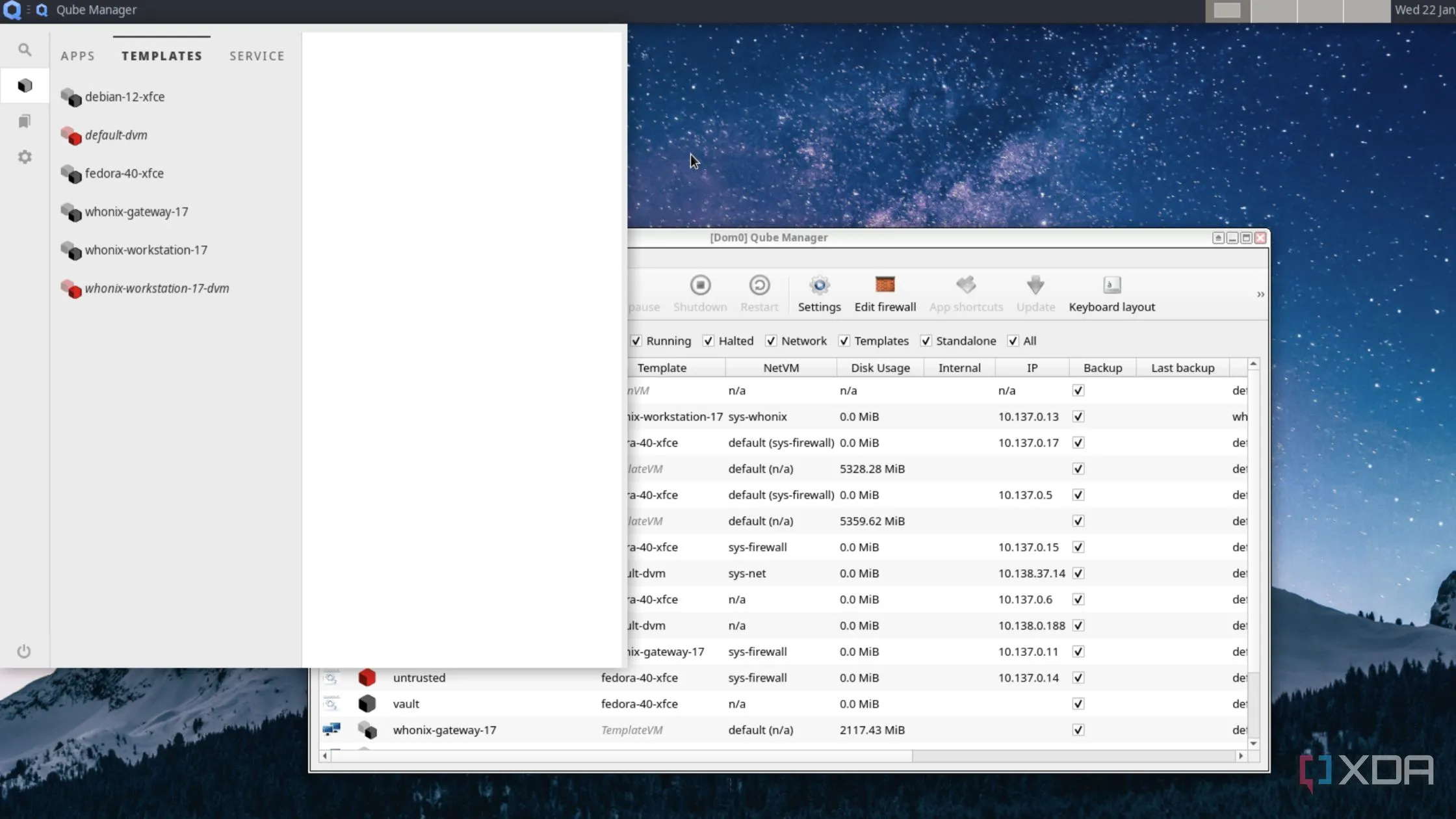 Giao diện các mẫu template trong hệ điều hành Qubes OS