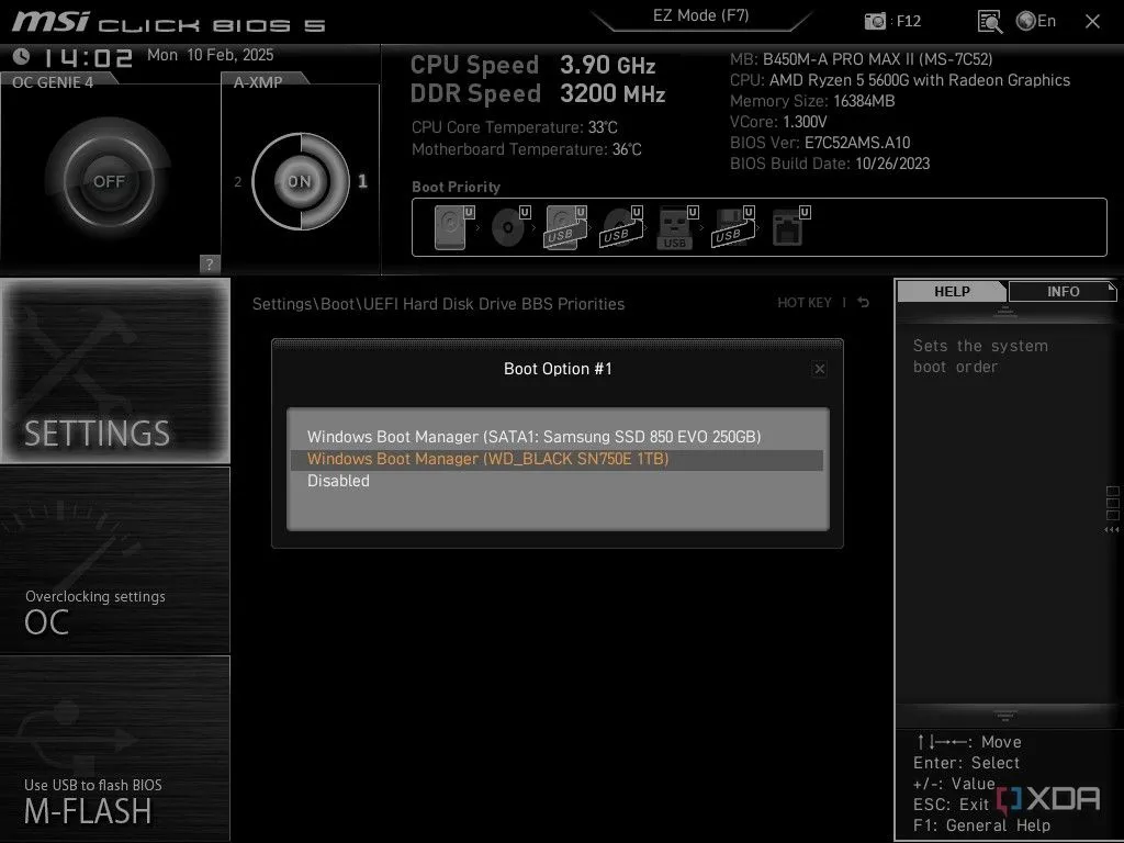 Giao diện cài đặt BIOS của MSI, hiển thị tùy chọn thay đổi thứ tự khởi động từ ổ đĩa mới sau khi sao chép.
