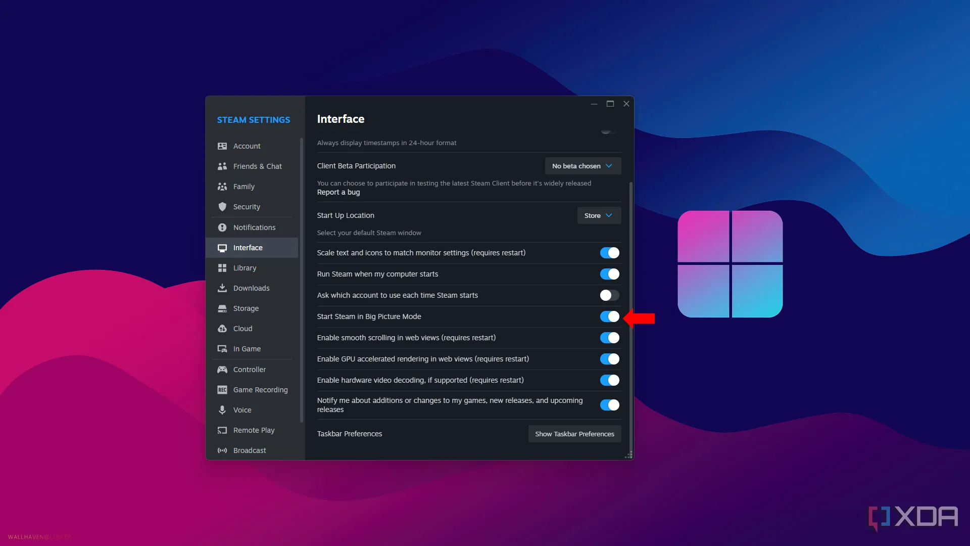 Giao diện cài đặt chế độ Big Picture Mode trên Steam