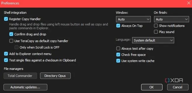 Giao diện cài đặt của TeraCopy, nơi người dùng có thể tùy chỉnh các tùy chọn sao chép file nâng cao.