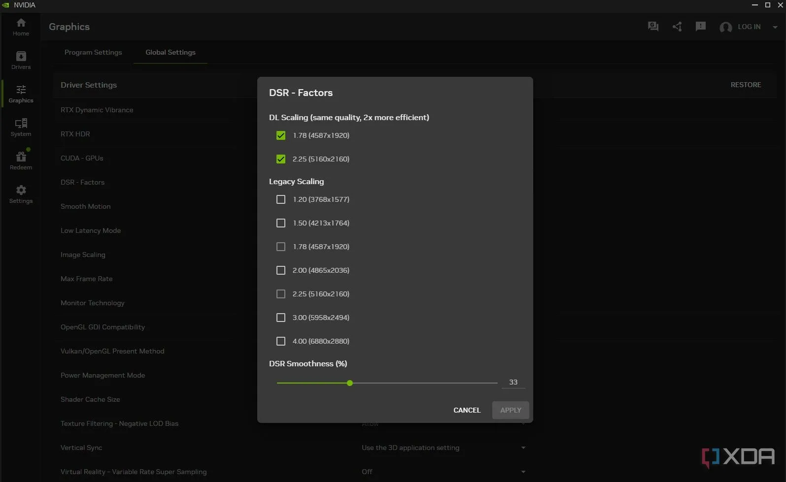 Giao diện cài đặt DSR và DLDSR trong ứng dụng Nvidia App, nơi người dùng kích hoạt các tùy chọn tỷ lệ khung hình