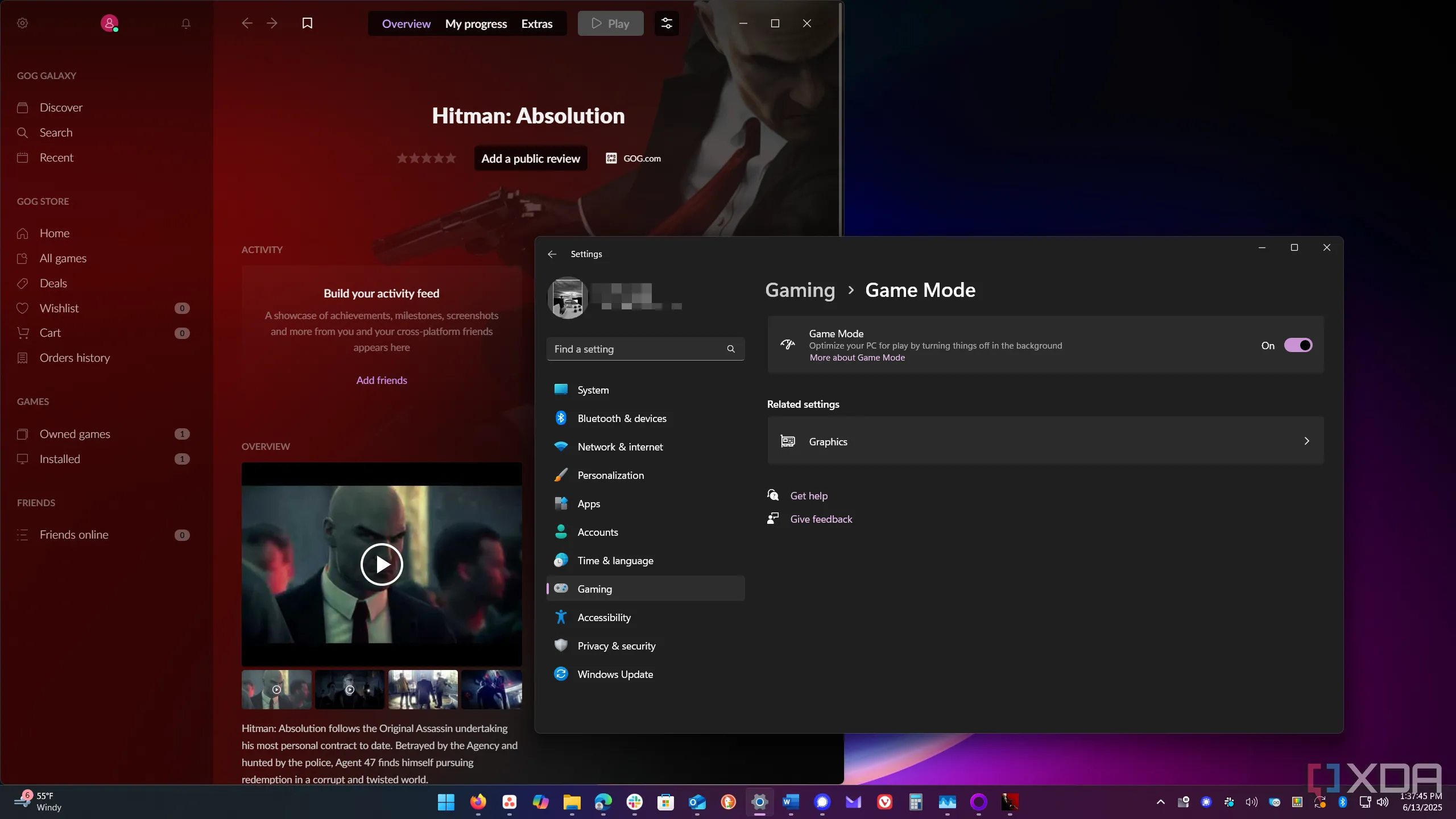 Giao diện cài đặt Game Mode trên Windows, hiển thị tùy chọn kích hoạt cho game Hitman Absolution
