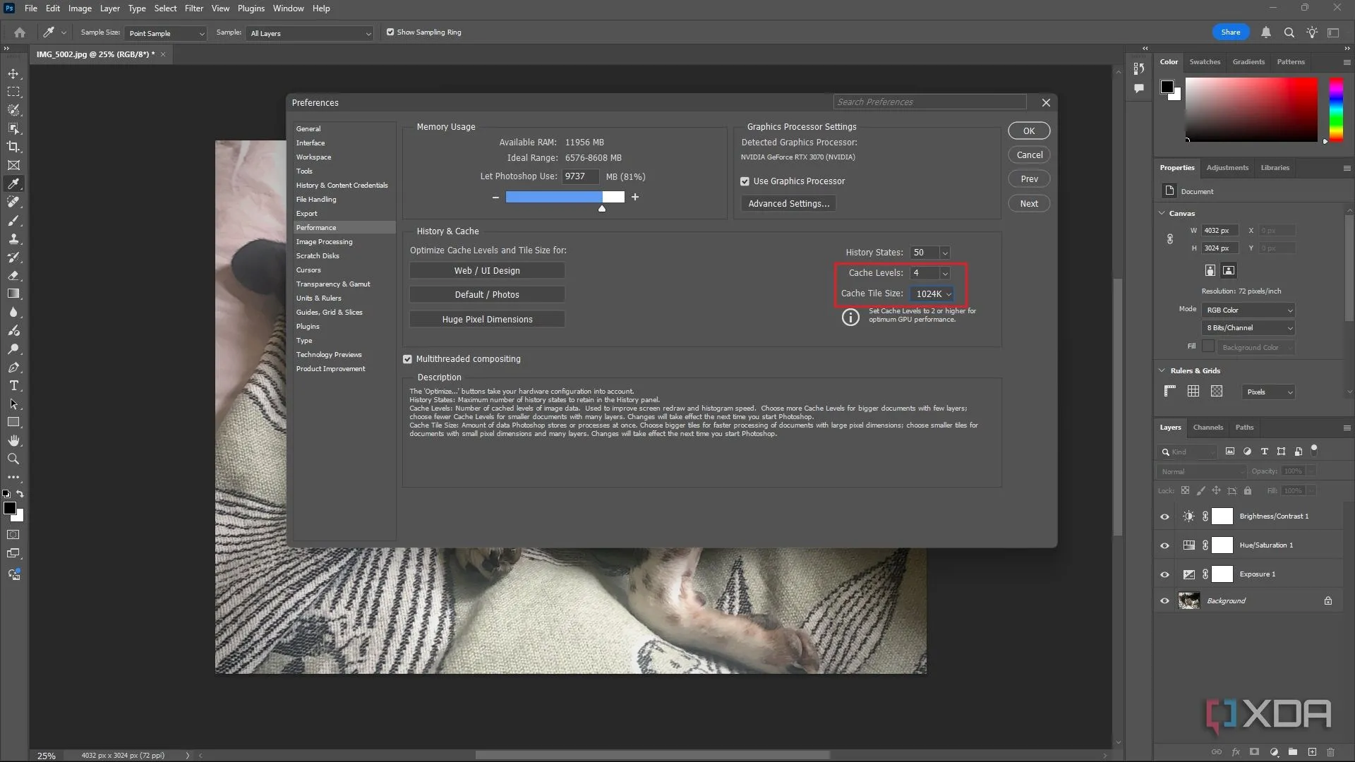 Giao diện cài đặt Hiệu suất trong Photoshop hiển thị tùy chỉnh Cache Levels và Cache Tile Size