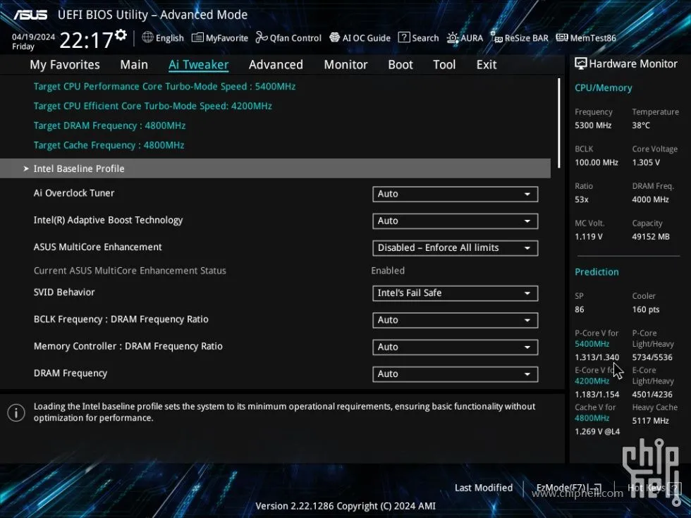 Giao diện cài đặt Intel Baseline Profile trong BIOS UEFI của ASUS