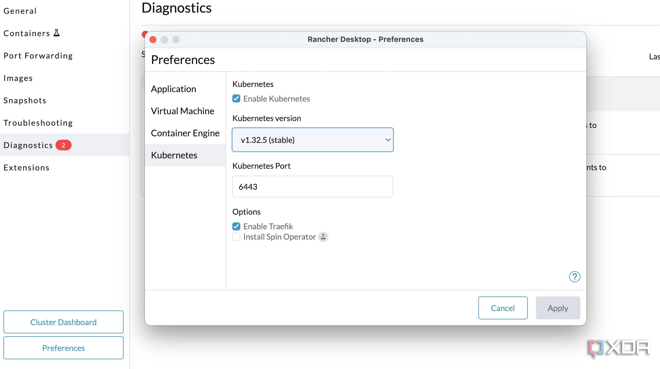 Giao diện cài đặt Kubernetes của Rancher Desktop, cho phép chọn phiên bản k3s và các tùy chọn cluster khác