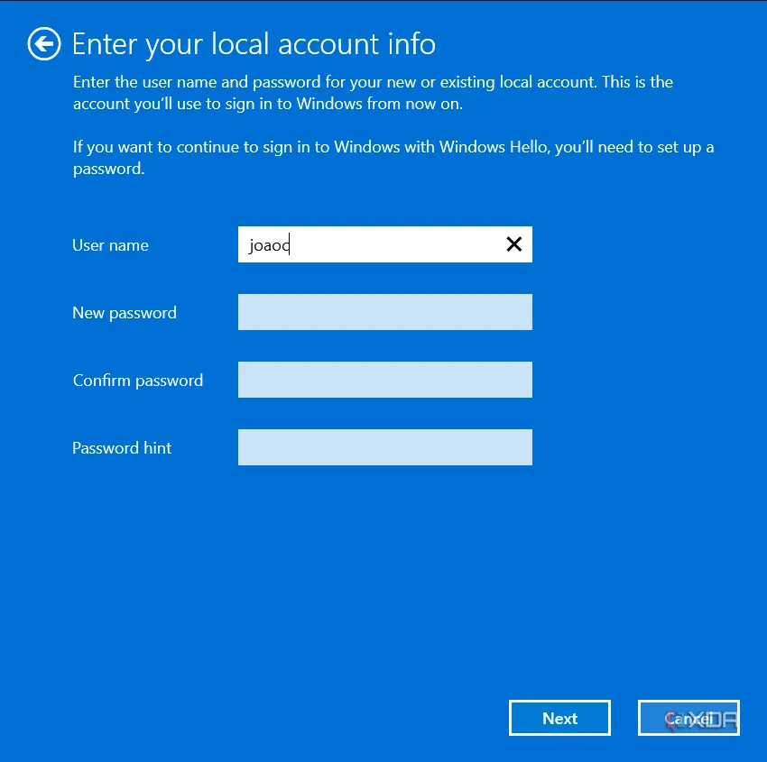 Giao diện cài đặt thông tin tài khoản cục bộ khi chuyển sang tài khoản này trên Windows 11.