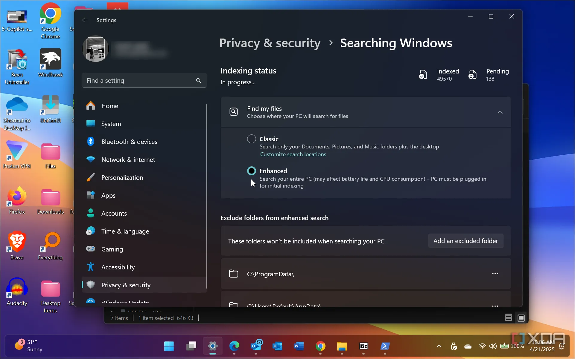 Giao diện cài đặt Tìm kiếm Windows, lựa chọn chế độ tìm kiếm &quot;Nâng cao&quot; để mở rộng phạm vi tìm kiếm file.