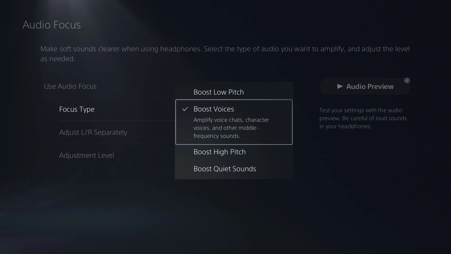 Giao diện cài đặt tính năng Audio Focus trên PlayStation 5 với các tùy chọn âm thanh