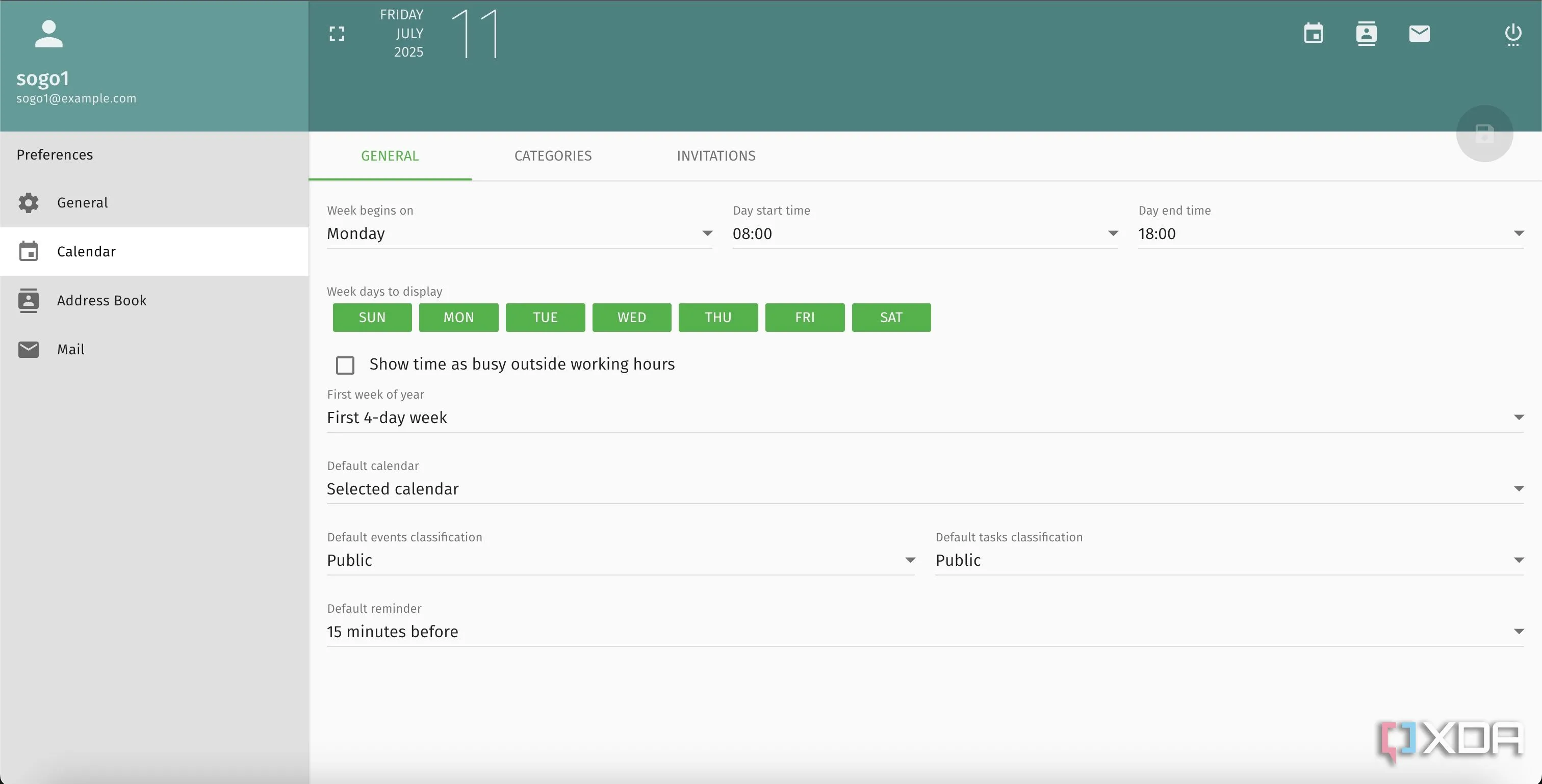 Giao diện cài đặt tùy chỉnh của Sogo cho phép cá nhân hóa lịch và các tính năng nâng cao