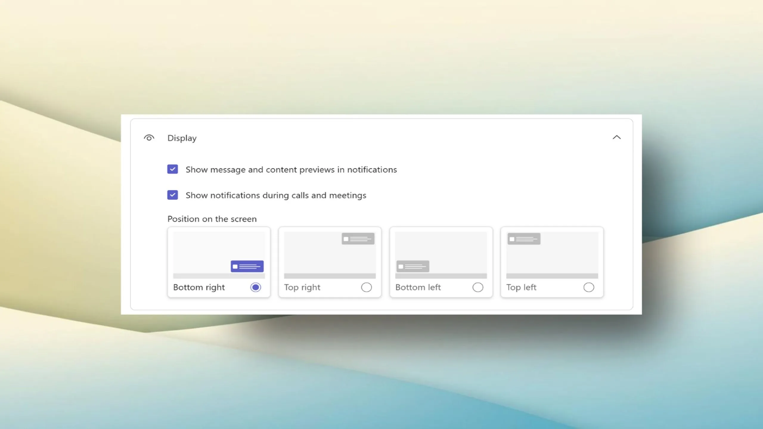 Giao diện cài đặt vị trí thông báo banner trong Microsoft Teams