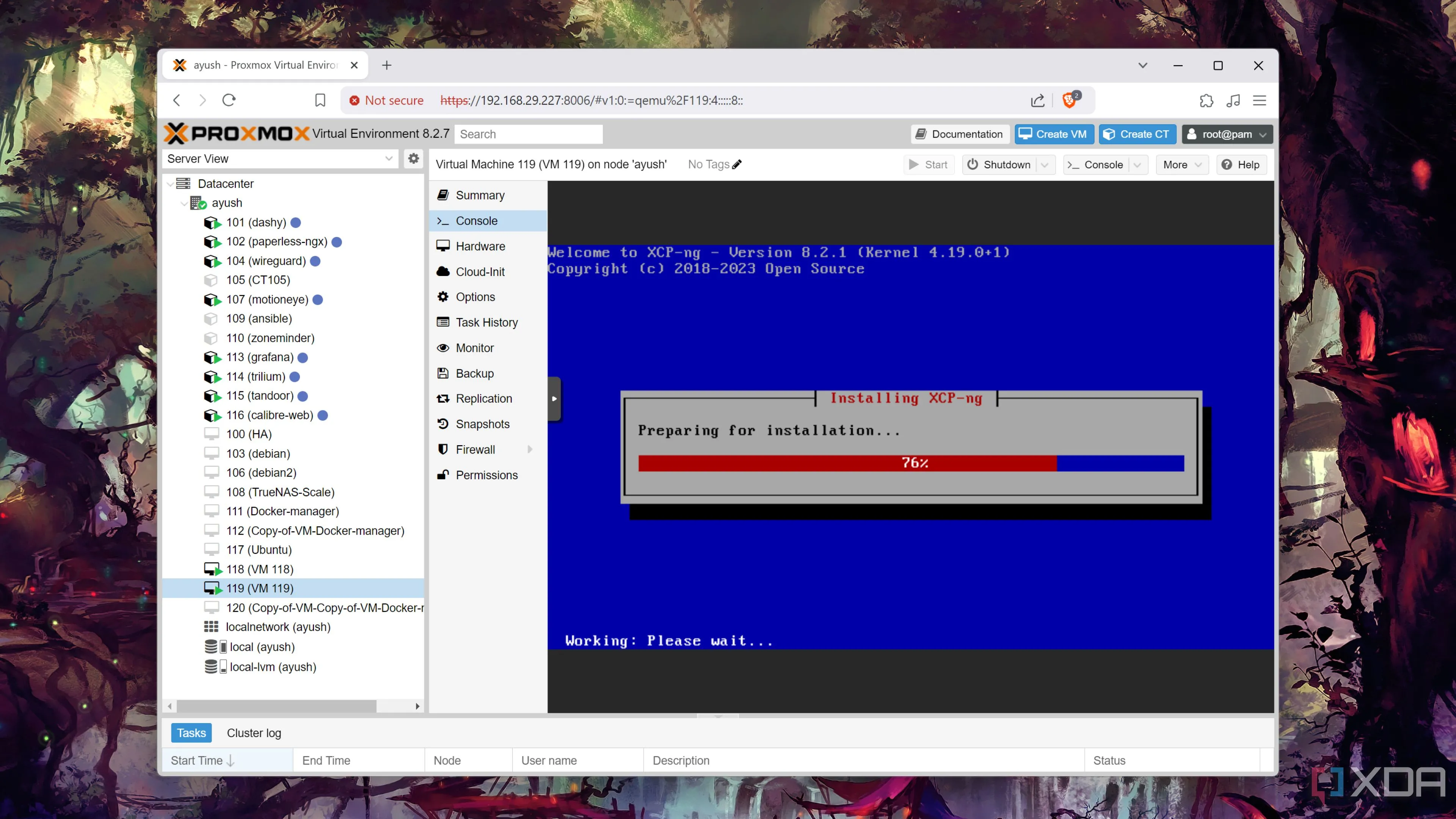 Giao diện cài đặt XCP-ng trên Proxmox với ảo hóa lồng ghép, minh họa tính năng Virtualization (VT-x/AMD-V)