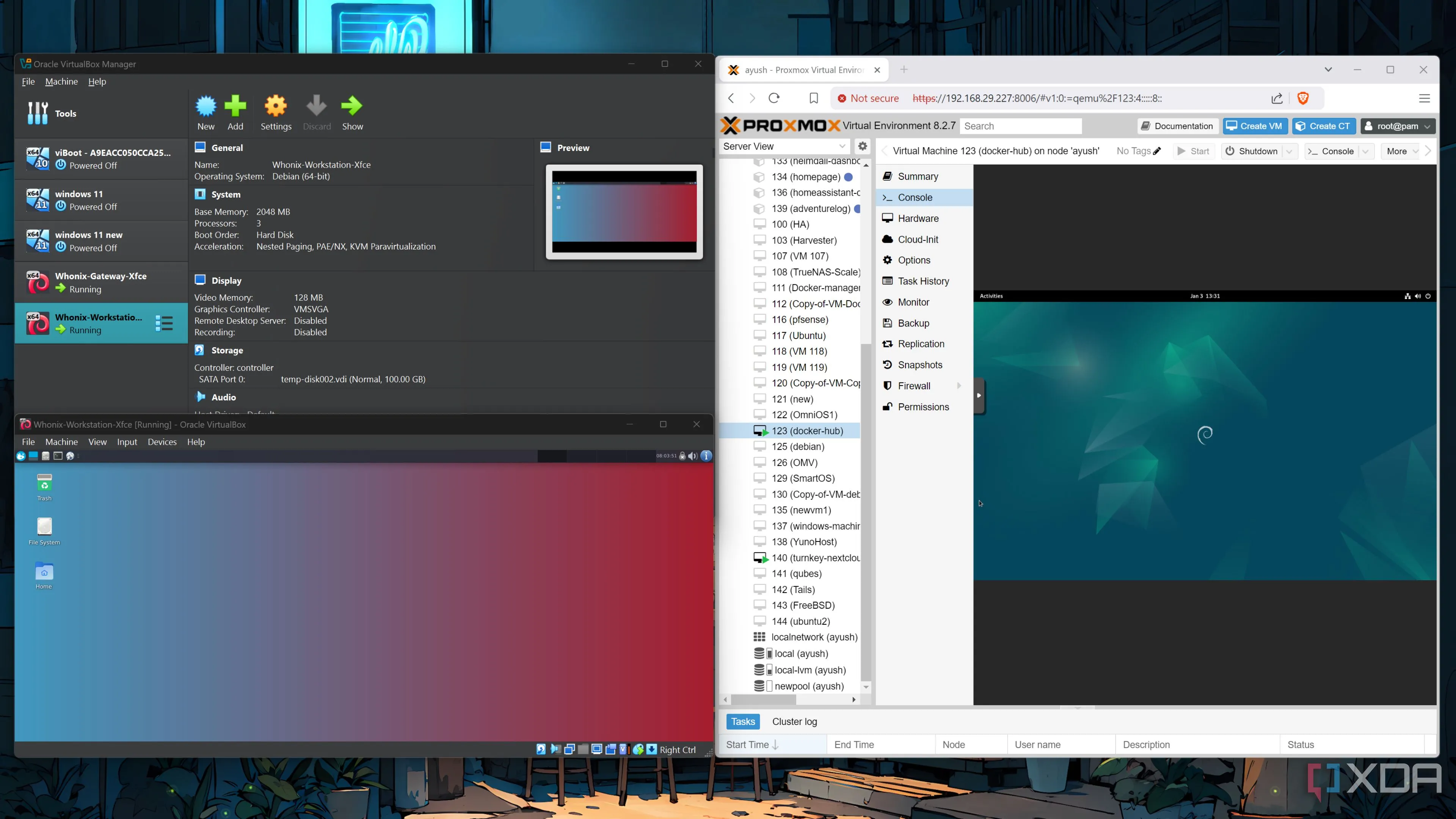 Giao diện chạy máy ảo trên cả Proxmox và VirtualBox, so sánh hai loại hypervisor cho người dùng Home Lab.
