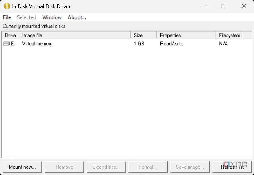 Giao diện chính của phần mềm ImDisk Virtual Disk Driver trên Windows, hiển thị các tùy chọn quản lý ổ đĩa ảo.