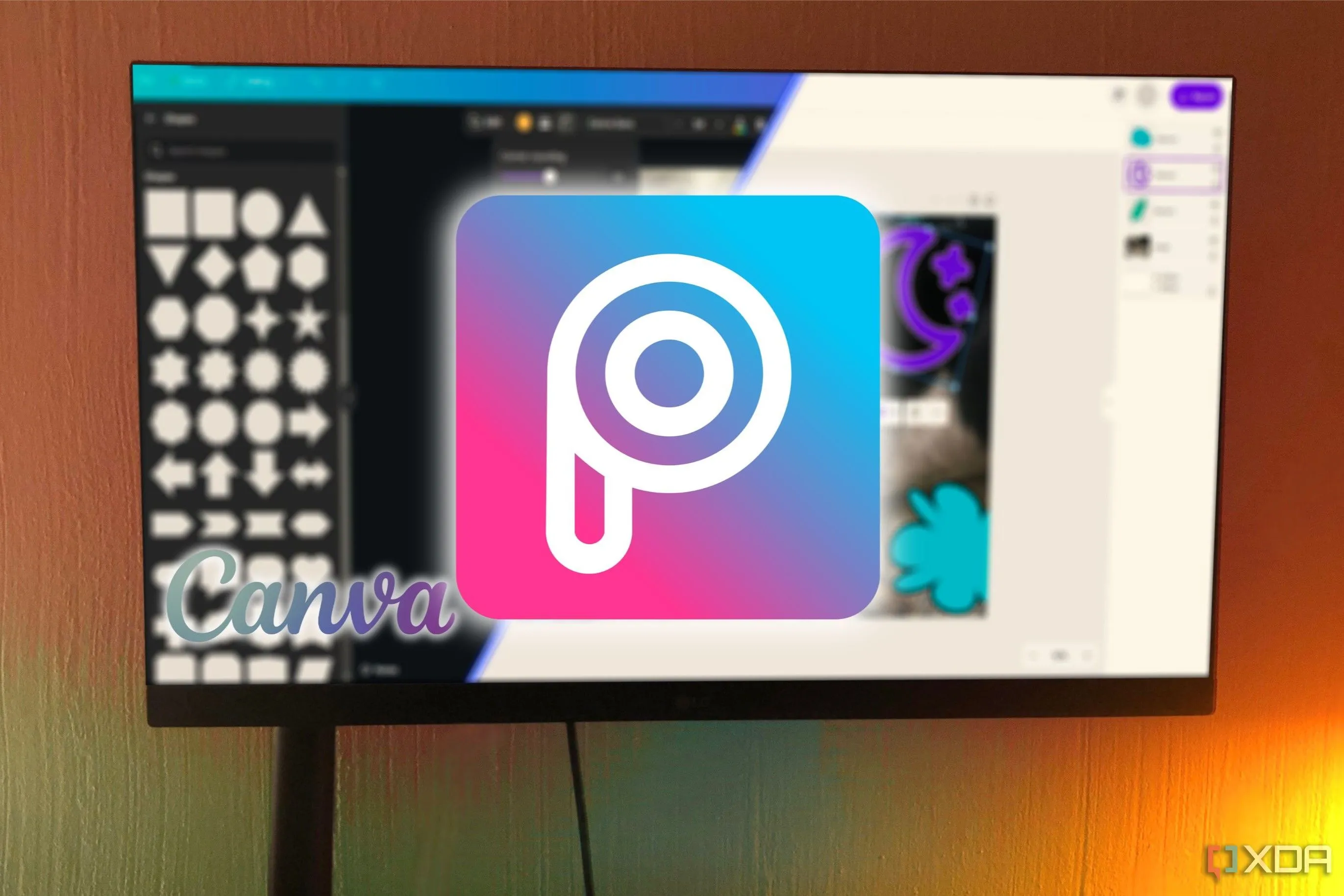 Giao diện chỉnh sửa của Picsart và Canva hiển thị trên máy tính, với logo Picsart được phủ lên trên.