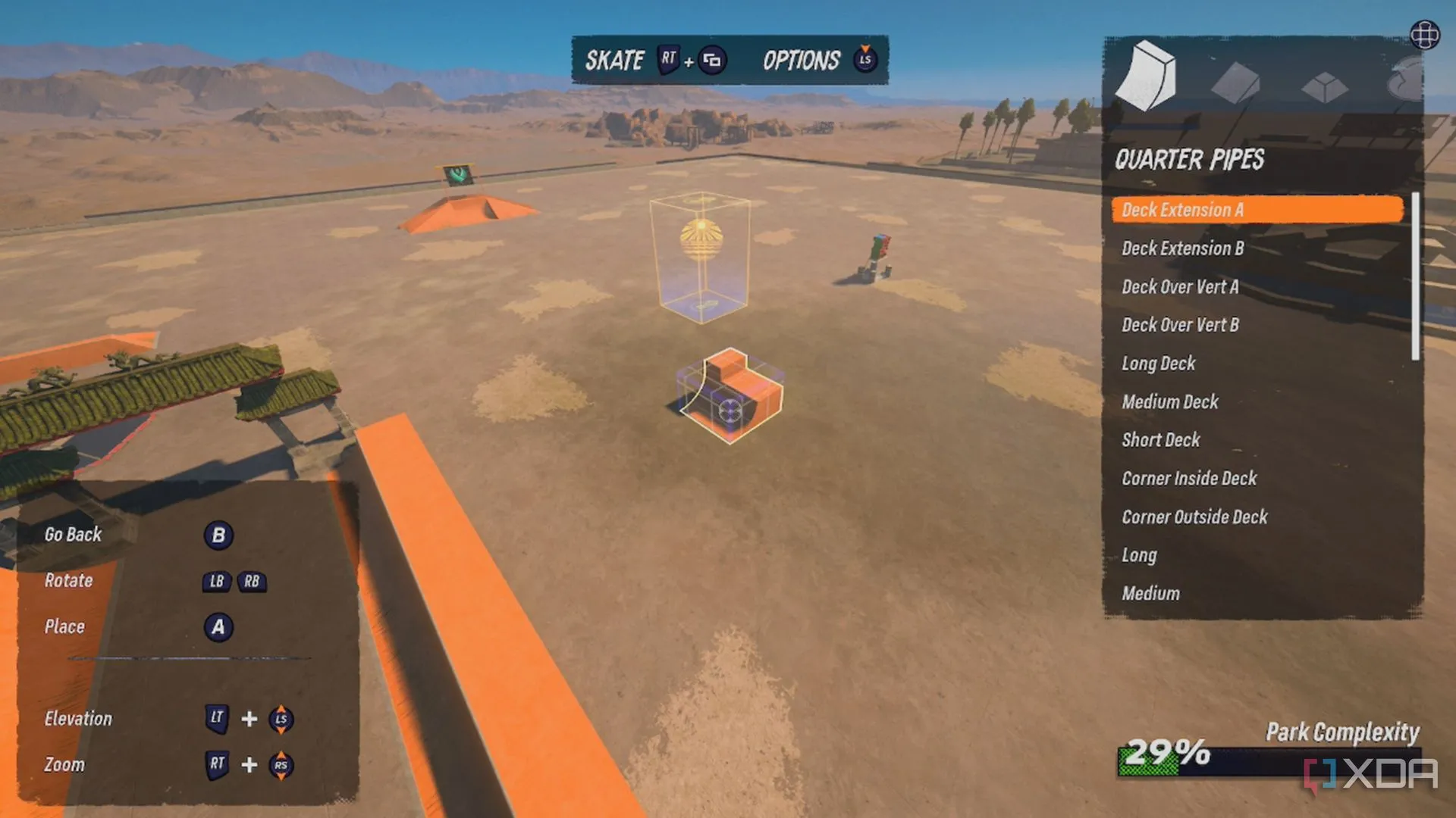 Giao diện chỉnh sửa sân trượt tùy chỉnh (Create-A-Park) với nhiều vật thể để lựa chọn trong Tony Hawk's Pro Skater.