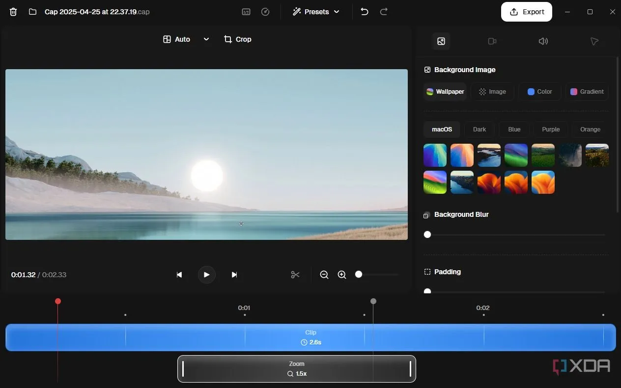 Giao diện chỉnh sửa video của Cap với tùy chọn thu phóng con trỏ và hiệu ứng nền