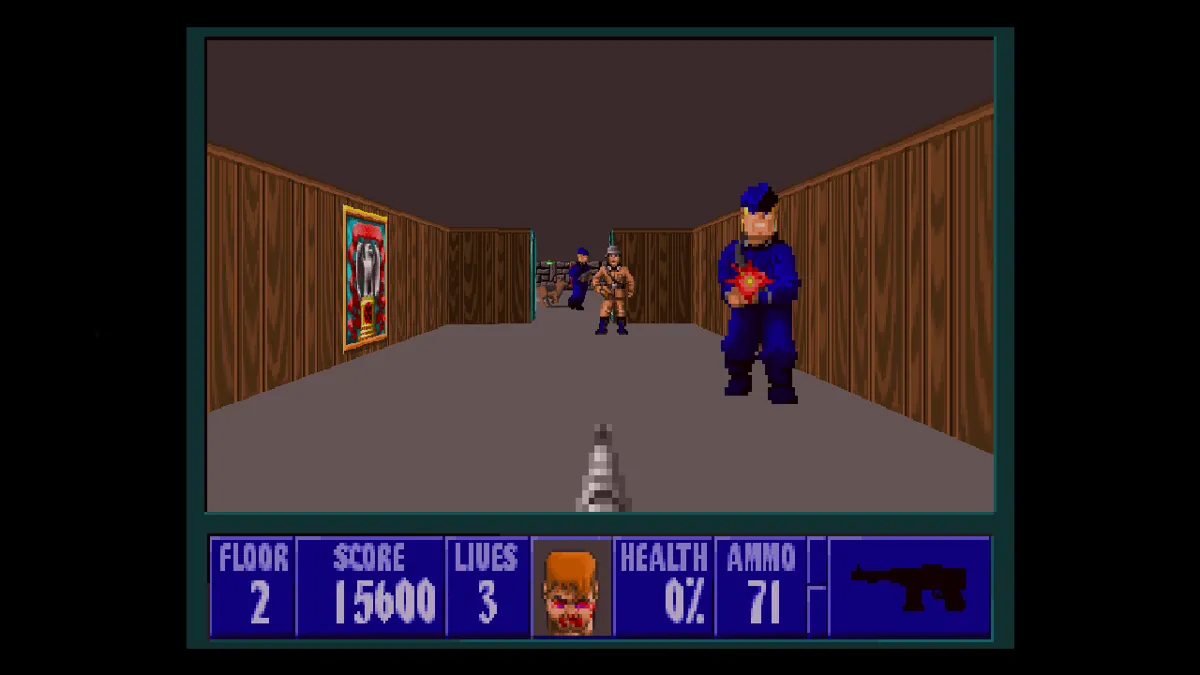 Giao diện chơi game Wolfenstein 3D với góc nhìn thứ nhất, cảnh bắn súng.
