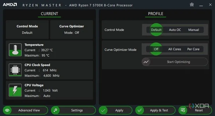 Giao diện cơ bản của phần mềm AMD Ryzen Master hiển thị nhiệt độ CPU, minh họa cho việc tối ưu hiệu suất