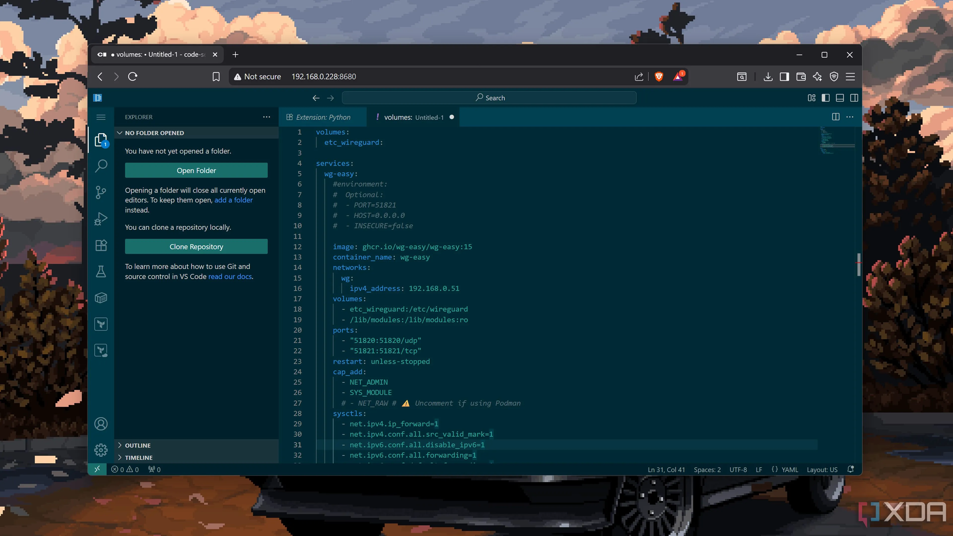 Giao diện Code-Server đang tạo file Docker Compose, minh họa khả năng chỉnh sửa từ xa trên trình duyệt.