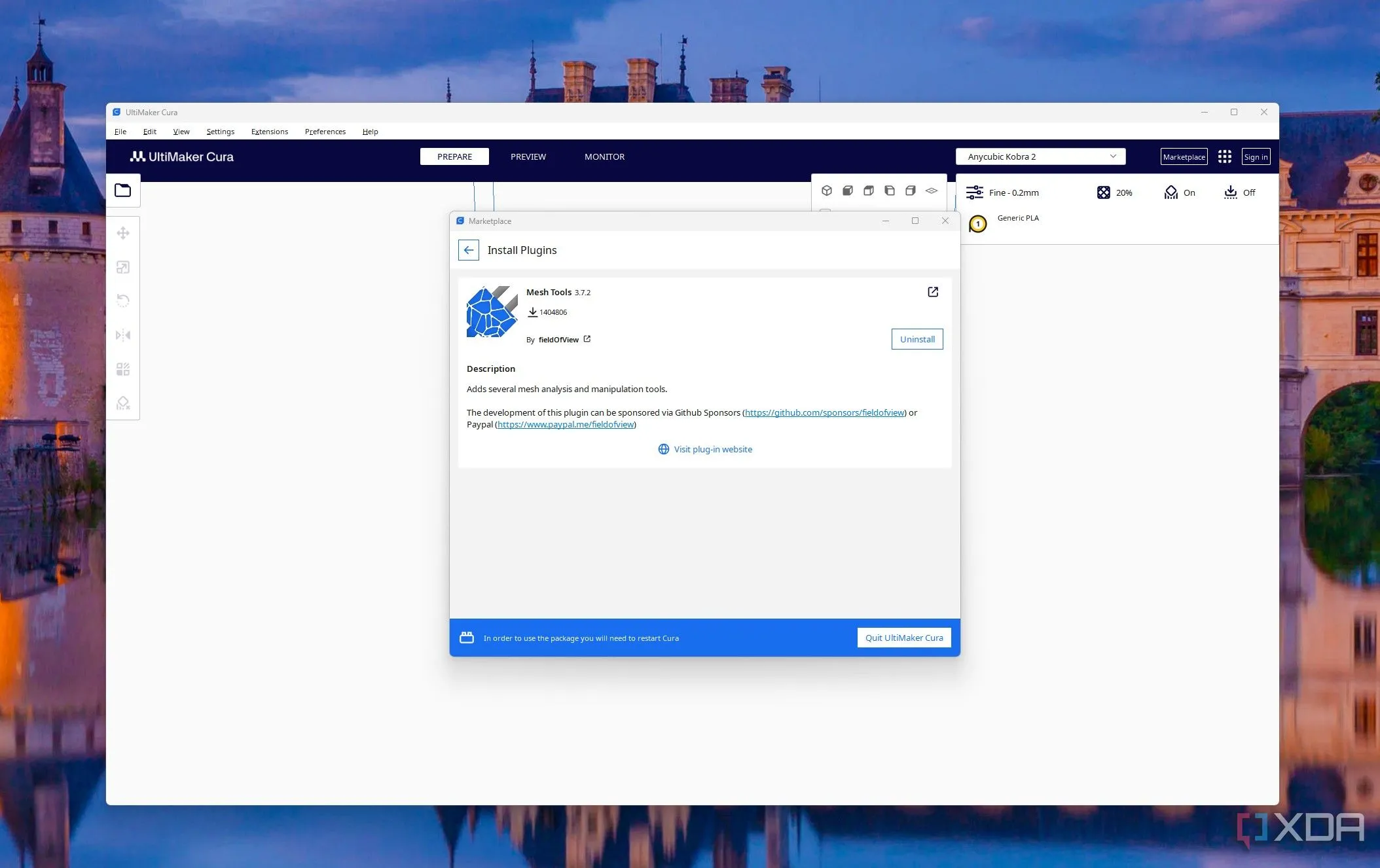 Giao diện Cura với plugin Mesh Tools được cài đặt và các tùy chọn chỉnh sửa lưới