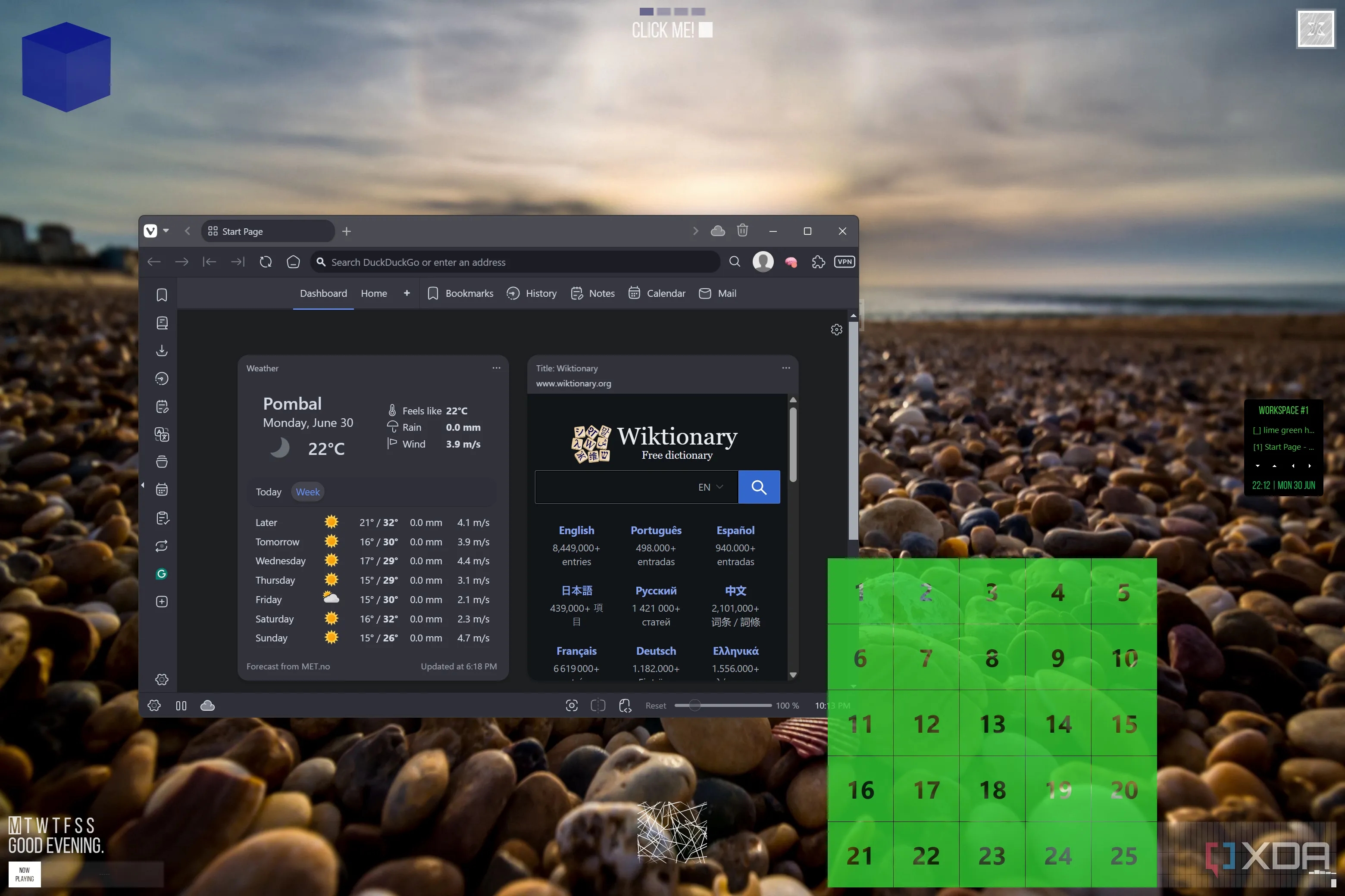 Giao diện desktop Windows 11 được cá nhân hóa cao cấp với xoblite và cửa sổ trình duyệt đang mở