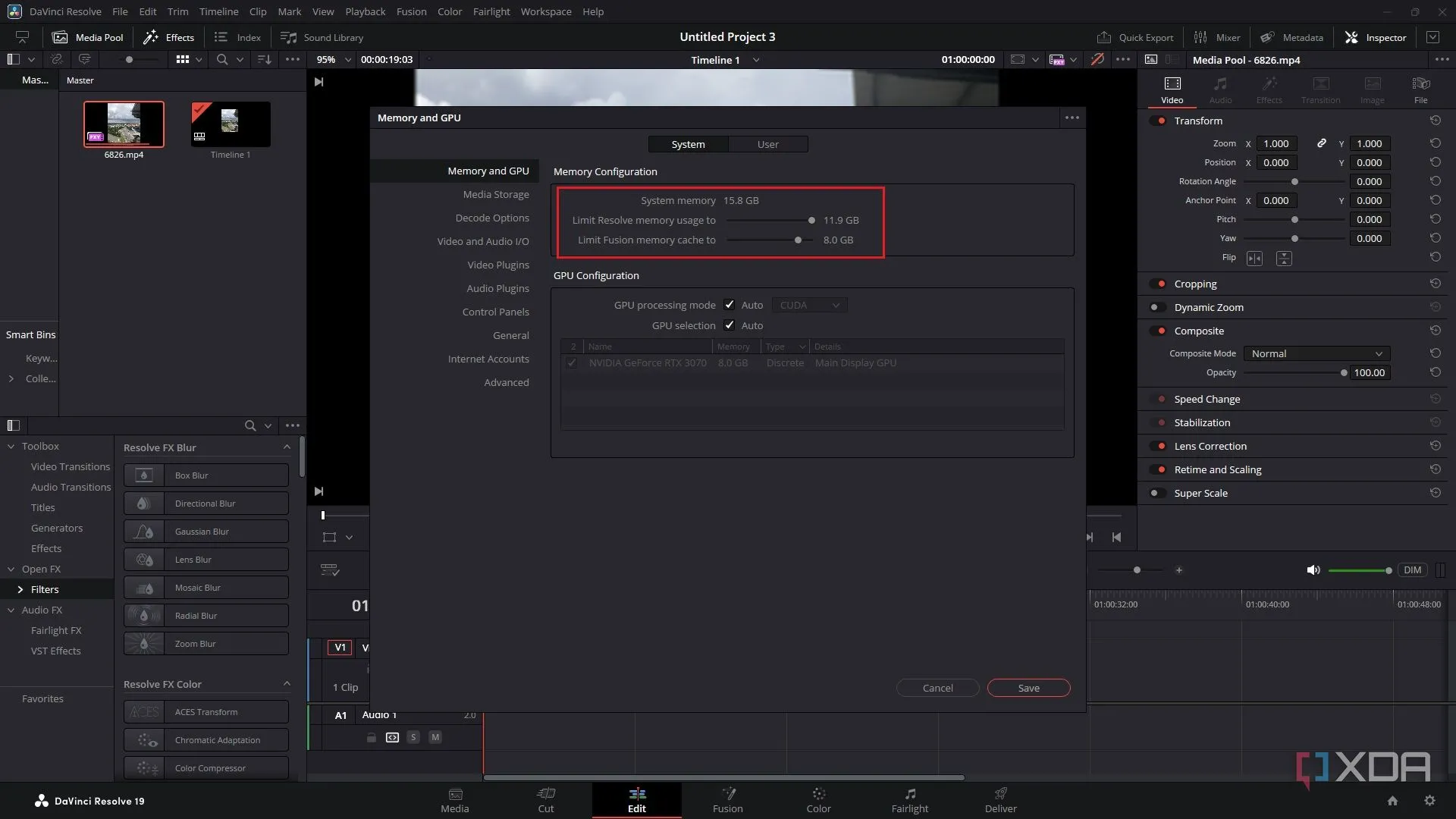 Giao diện điều chỉnh phân bổ bộ nhớ RAM cho DaVinci Resolve trong phần cài đặt hệ thống
