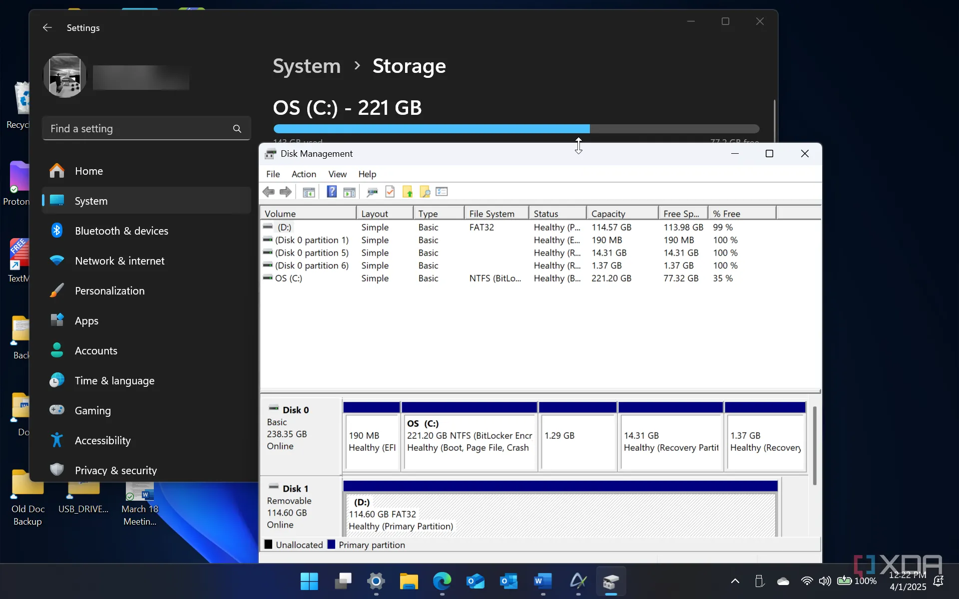 Giao diện Disk Management (Quản lý Đĩa) trên Windows 11 hiển thị các phân vùng ổ đĩa