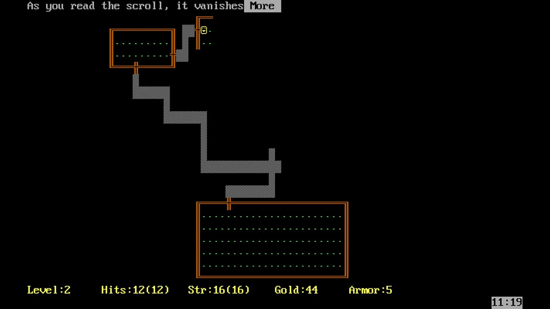 Giao diện đồ họa đơn giản của game Rogue, tiên phong thể loại roguelike.