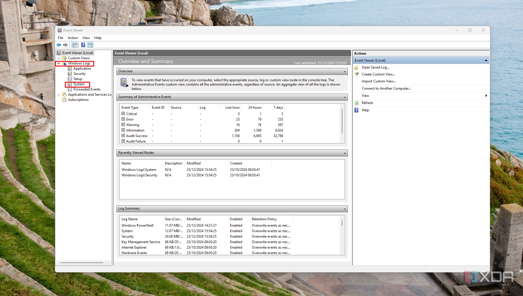 Giao diện Event Viewer hiển thị nhật ký hệ thống Windows, các sự kiện lỗi và cảnh báo.