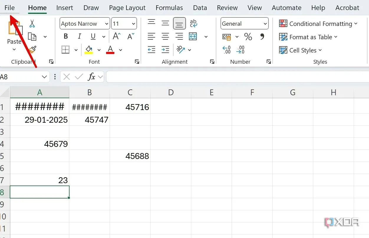 Giao diện Excel, chọn File để truy cập Tùy chọn