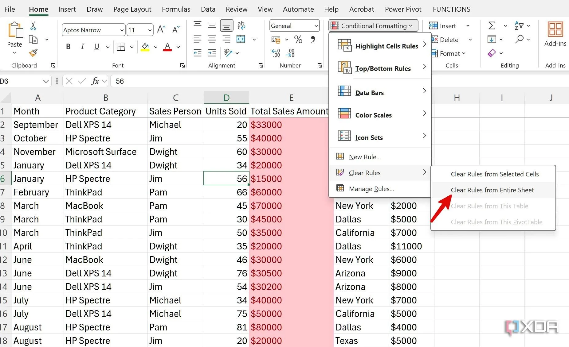 Giao diện Excel hiển thị &quot;Conditional Formatting&quot;, &quot;Clear Rules&quot; và &quot;Clear Rules From Entire Sheet&quot; để xóa định dạng có điều kiện.
