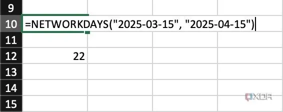 Giao diện Excel minh họa hàm NETWORKDAYS tính số ngày làm việc giữa hai mốc thời gian