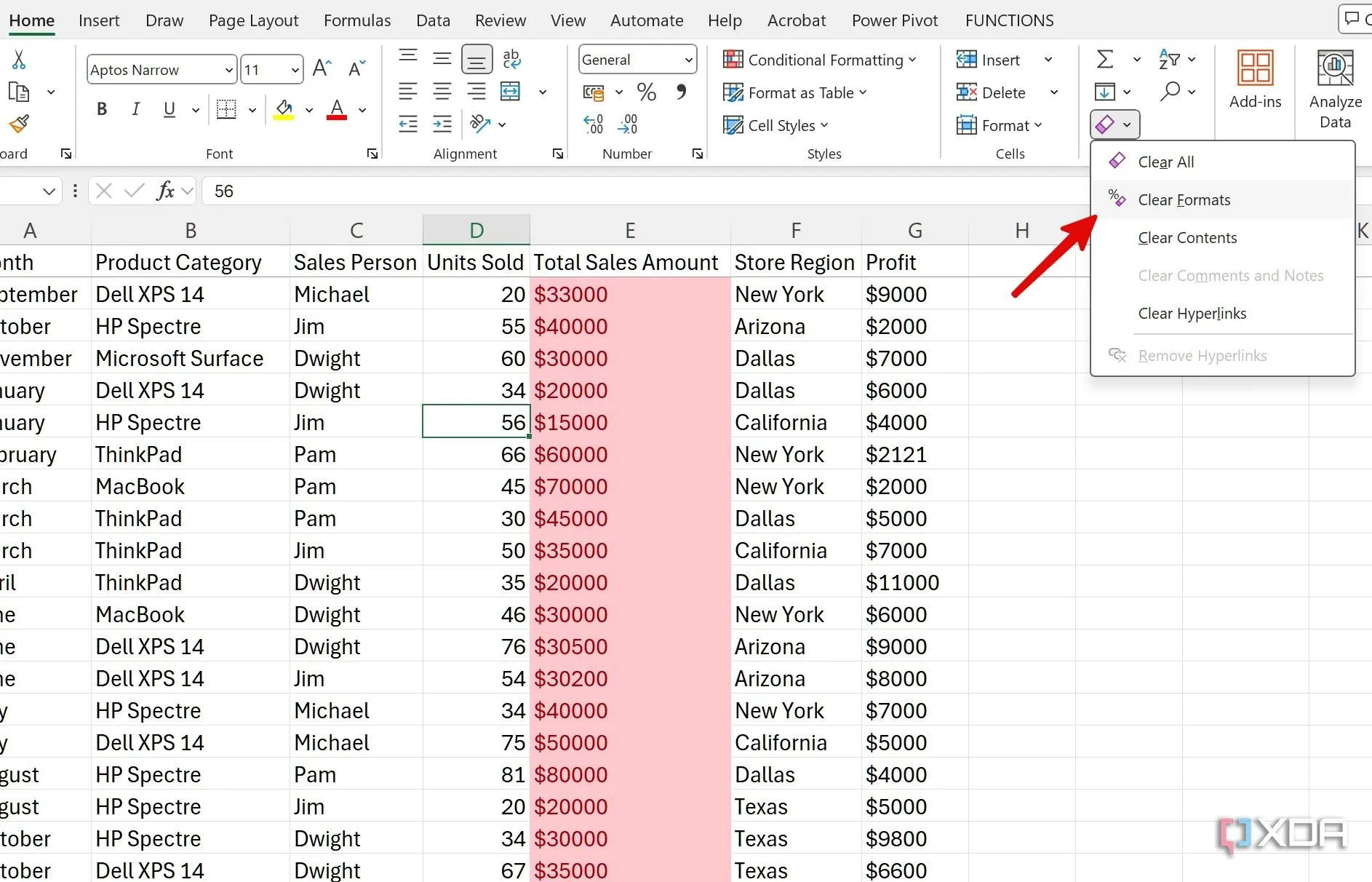 Giao diện Excel với tab &quot;Home&quot;, menu &quot;Clear&quot; và tùy chọn &quot;Clear Formats&quot; để xóa định dạng.