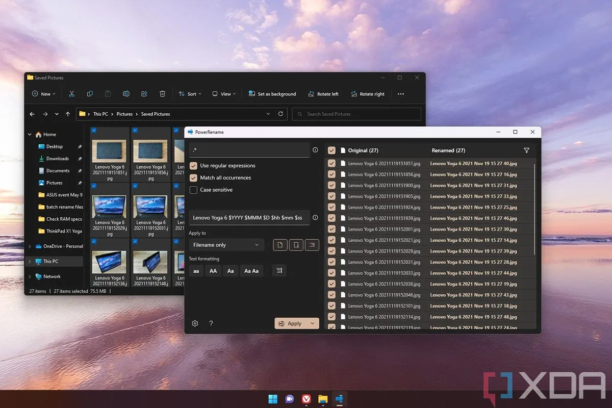 Giao diện File Explorer của Windows 11 cùng cửa sổ PowerRename, minh họa tính năng đổi tên file hàng loạt.