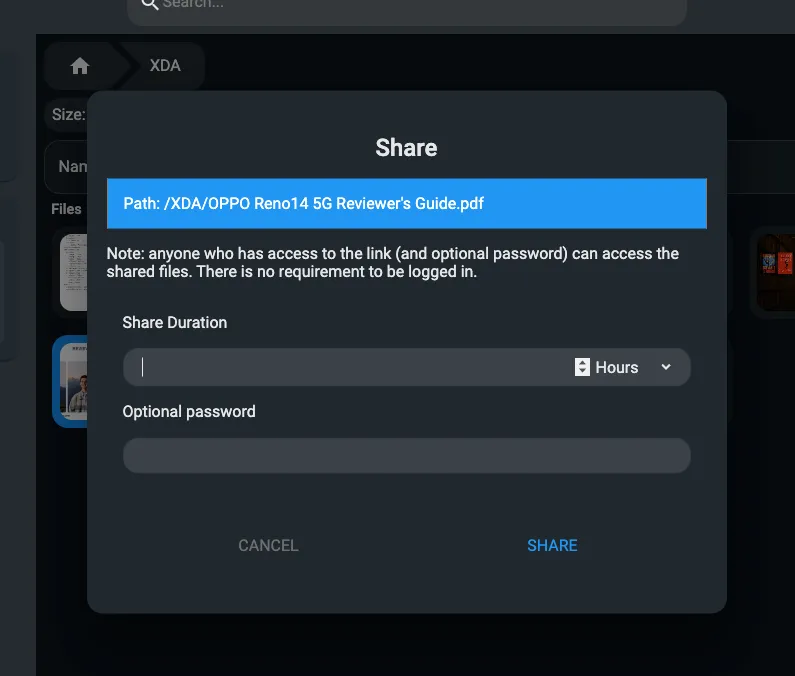Giao diện FileBrowser Quantum hiển thị tùy chọn chia sẻ file qua liên kết, nhấn mạnh khả năng tạo đường dẫn truy cập nhanh chóng.