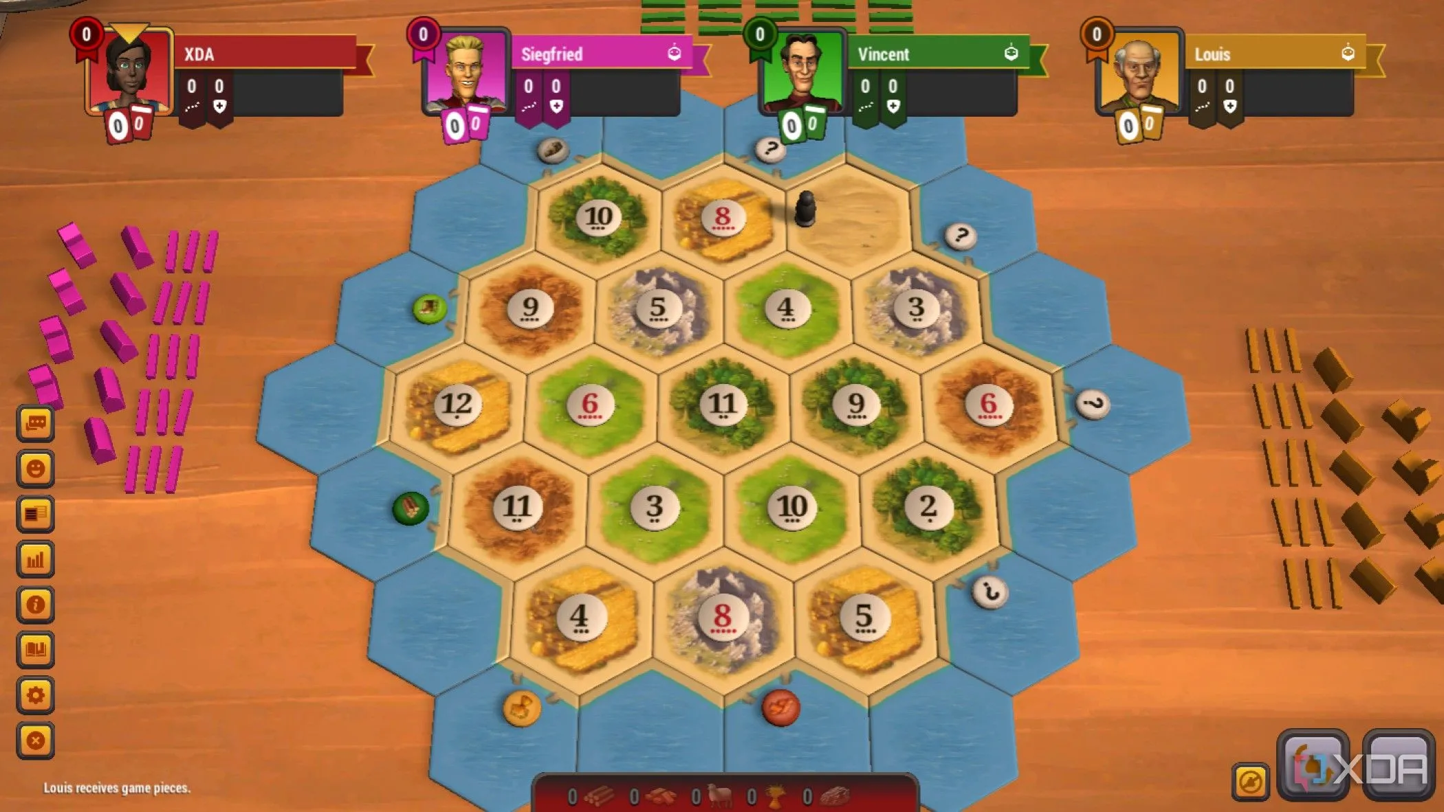 Giao diện game Catan Universe với bản đồ hòn đảo và các công trình của người chơi