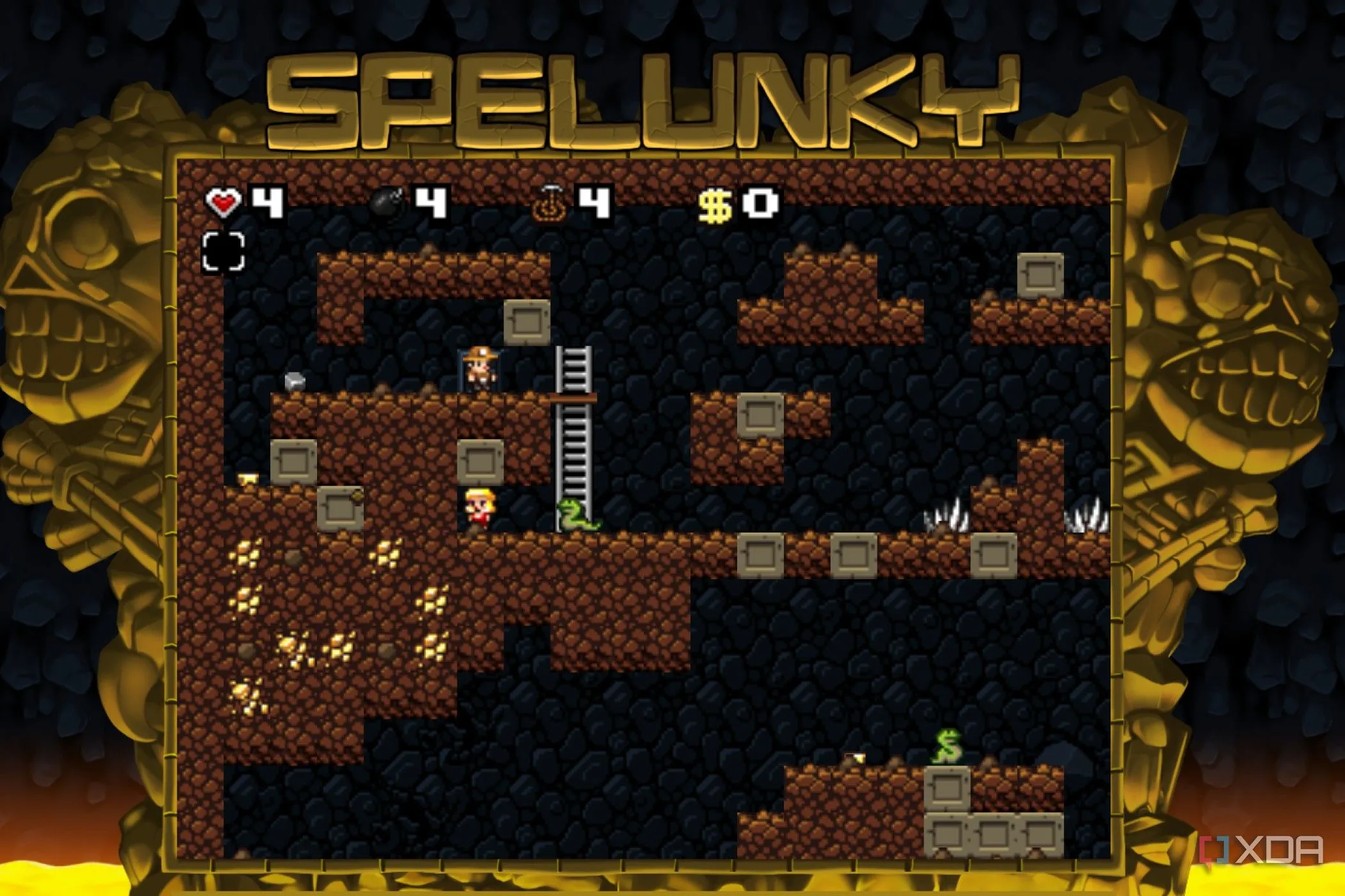 Giao diện game platformer Spelunky với nhân vật đang khám phá một hang động đầy cạm bẫy