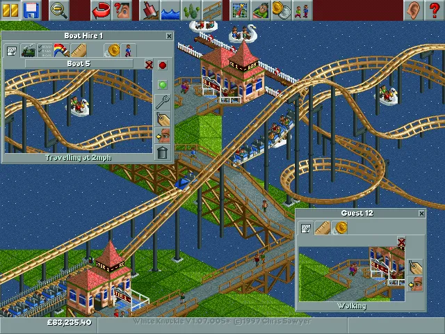 Giao diện game RollerCoaster Tycoon trong phiên bản phát triển sớm, chưa có cảnh quan và chi tiết xung quanh