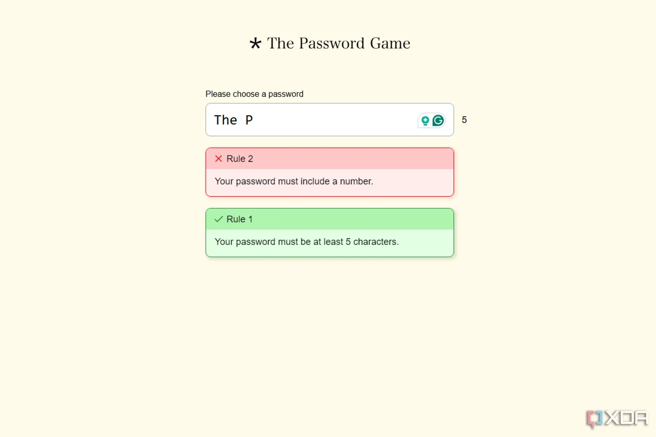 Giao diện game The Password Game hiển thị các yêu cầu phức tạp để tạo mật khẩu