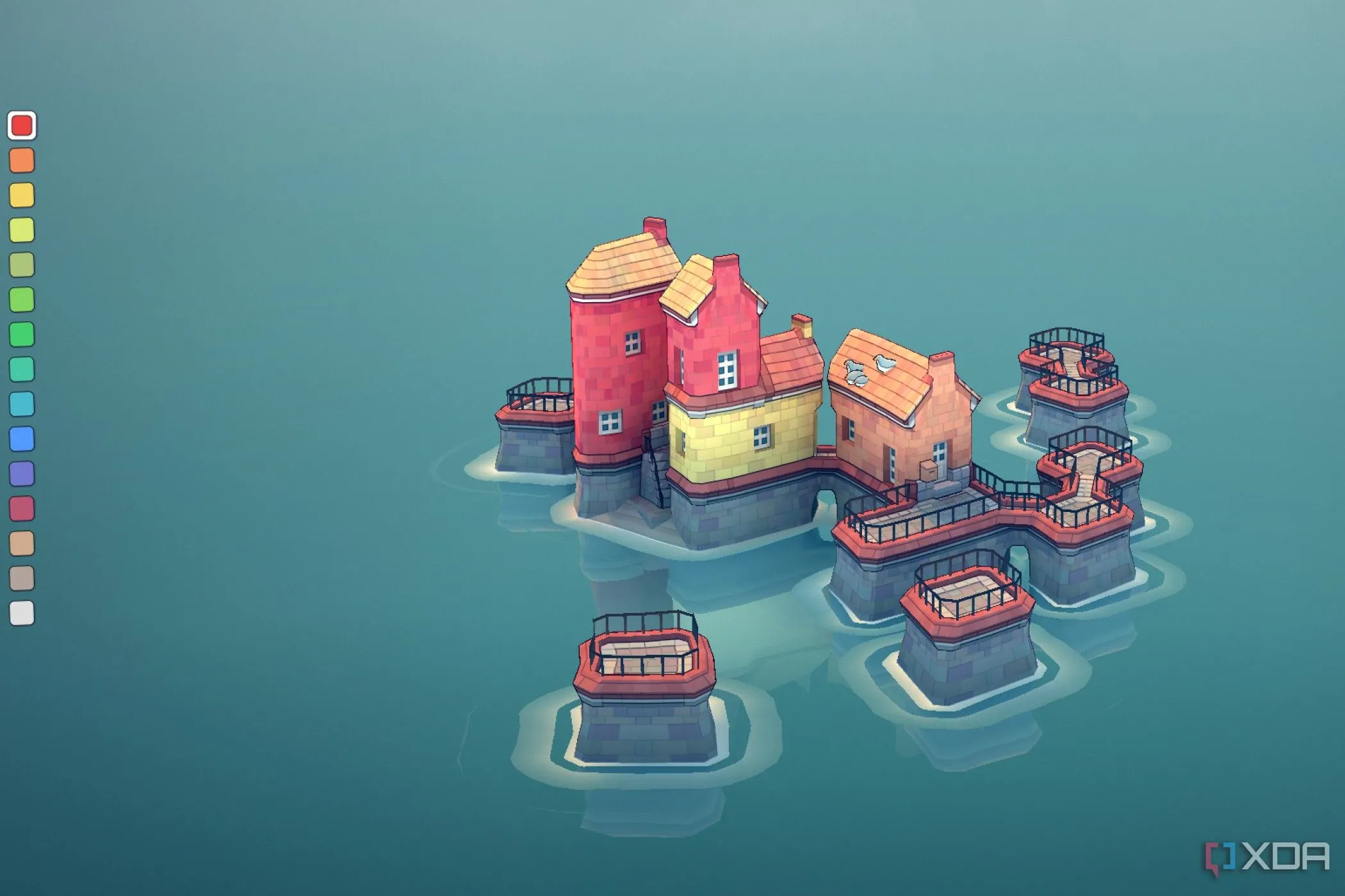 Giao diện game Townscaper với các ngôi nhà đầy màu sắc được xây dựng trên mặt nước