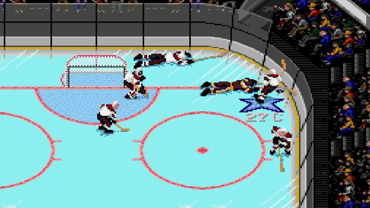 Giao diện gameplay của NHL '94 trên Sega Genesis, với các cầu thủ khúc côn cầu đang di chuyển và tranh chấp bóng trên sân băng, một game thể thao kinh điển.