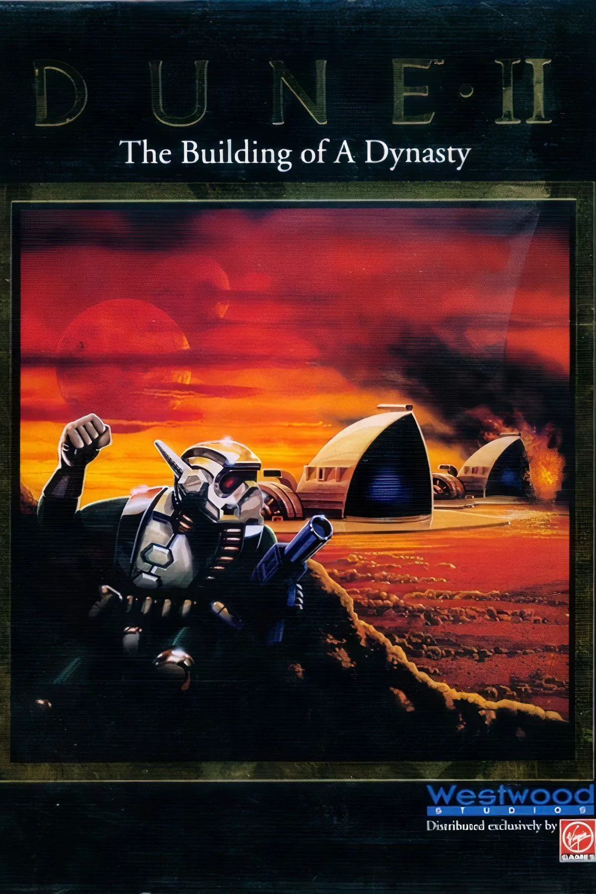 Giao diện gameplay game chiến lược thời gian thực Dune II: The Building of a Dynasty (1992) hiển thị căn cứ và các đơn vị quân.
